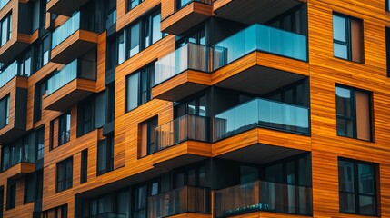 Modern apartment building exterior design with wood cladding and glass balconies architecture real estate