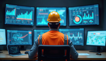 Engineer monitors multiple screens displaying data analytics in control room. Dashboard shows automation systems. Logistics infrastructure management workplace. Pro, expertise, efficiency,