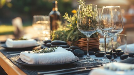 Obraz premium Group spa table setting with hot stones, towels, and fresh herbs prepared for multiple guests