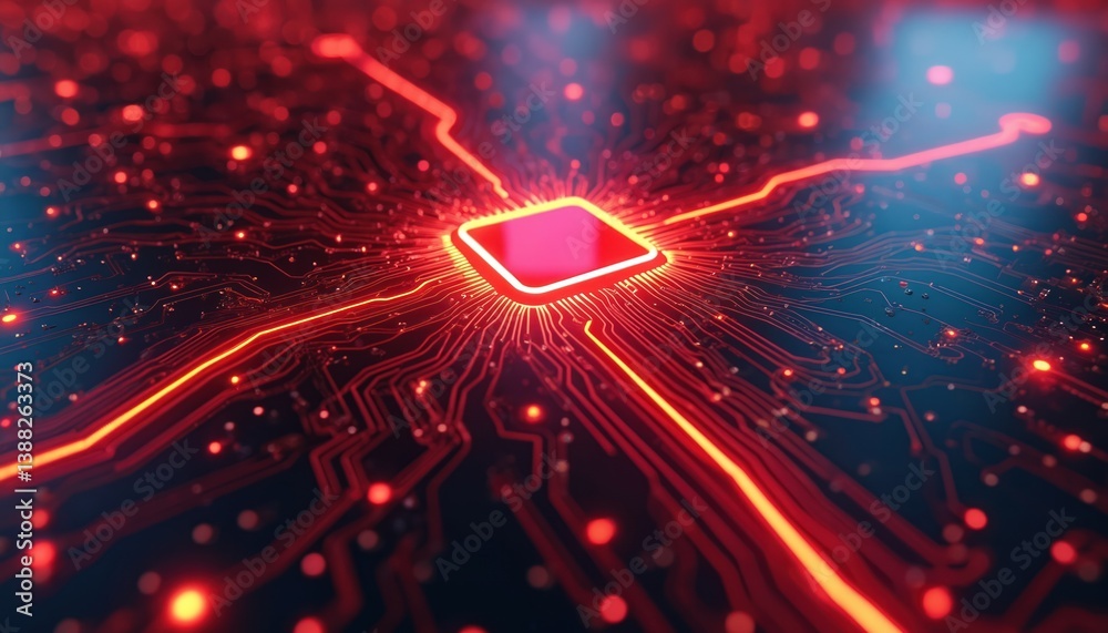 Poster red and blue computer generated image of a futuristic tech circuit board. neon light, glowing lines.