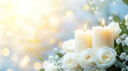 White candles and roses for wedding decor background with soft light and romantic atmosphere design idea