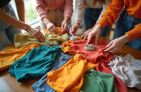 Young women at home swap party. Girls exchange clothes bags jewelry, shopping zero waste. Sustainable living concept second hand clothes sale. Friendship, eco friendly shopping zero waste event,