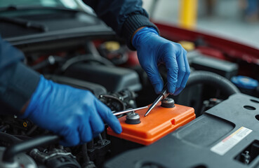 Auto mechanic man checks car battery with screwdriver. Automotive service maintenance, repair, electrical work concept. Automotive industry, vehicle care, engine inspection. Electrical system,