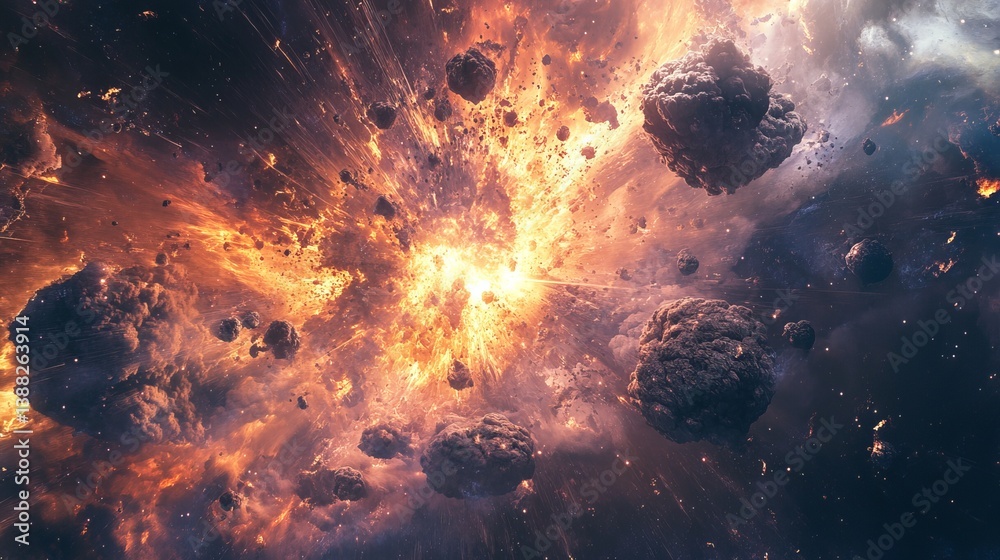 Wall mural a cosmic explosion with asteroids and bright light in a nebula filled with dust and gas clouds