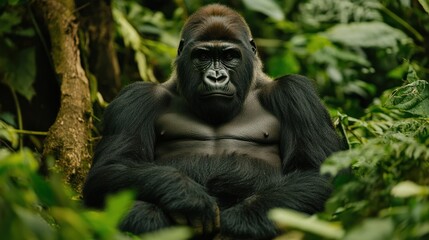 Naklejka premium Powerful Gorilla Sitting Amongst Dense Green Foliage in Natural Habitat