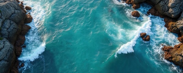 Aerial shot ocean waves crashing rocks. Turquoise water, blue sea texture. Drone view scenic coastal landscape, cliffs, shore. Summer travel, vacation, seascape background.