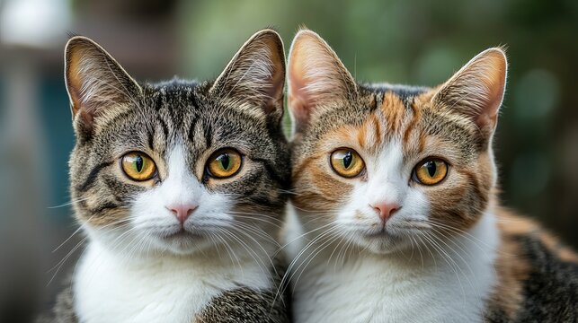 Two cute cats portrait close up adorable feline friends domestic animals pets tabby calico cats looking