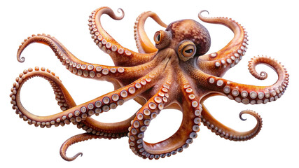 Magnificent Common Octopus Showing Eight Arms Suckers and Intelligent Eyes on White Background