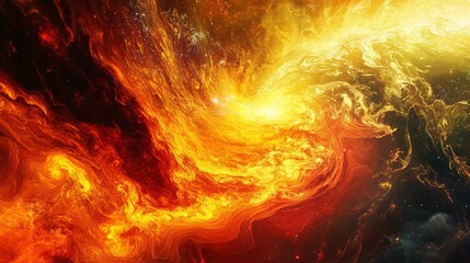 Artistic depiction of a fiery nebula with swirling clouds of orange and yellow light in space