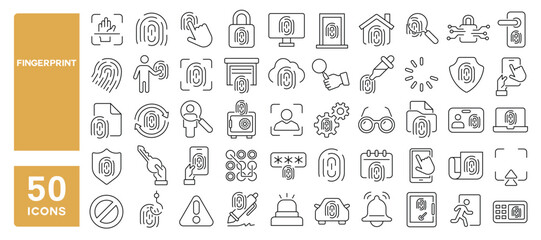 Set of 50 line icons related to fingerprint, imprint, biometric, security, identity, touch, hand scan, identity, access, Editable stroke. Vector illustration