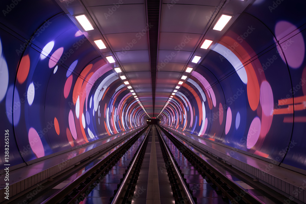 Poster Light tunnel showing colorful bokeh effect and train tracks