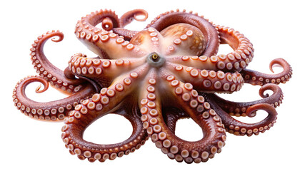 A Detailed Closeup of a Raw Octopus with Eight Tentacles Showing Suckers and Texture Isolated on White Background