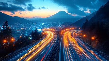 Night highway traffic long exposure with mountain background scenic landscape view travel photography