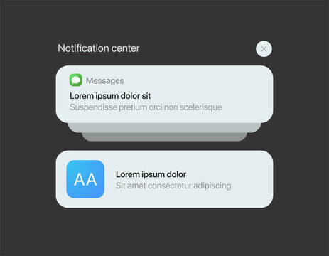 Smartphone notification center template, displaying alerts and new message on screen