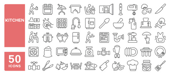 Set of 50 line icons related to kitchen, cooking, stove, oven, catering, cooker, kitchen devices, pot, flame, kitchenware, Editable stroke. Vector illustration