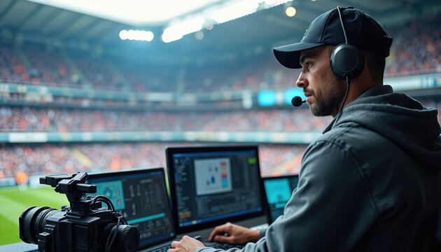 Sports broadcast technician operates equipment in crowded stadium. Technician wears headset, monitors, controls camera, laptop, broadcast coverage, live event. Football game, tournament coverage.