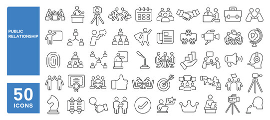 Set of 50 line icons related to public relationship, impact, partnership, marketing, ethics, speaker, media, amplifier, influence, responsibility, Editable stroke. Vector illustration