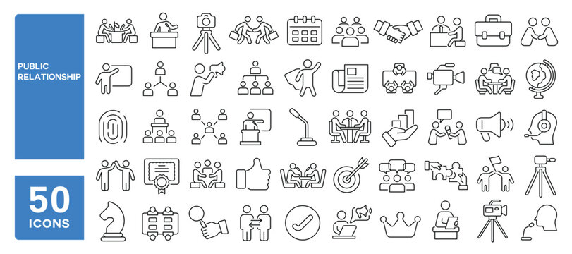 Set of 50 line icons related to public relationship, impact, partnership, marketing, ethics, speaker, media, amplifier, influence, responsibility, Editable stroke. Vector illustration