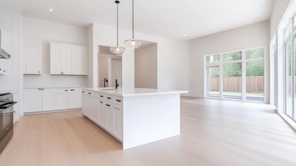 A bright, minimalist kitchen features white cabinetry and a large island. The open floor plan includes expansive windows and light hardwood floors. The image is high-resolution, well-lit, and showca