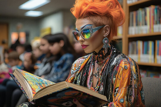 Drag queen story hour reading to children in a library
