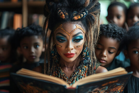 Drag queen story hour reading to children in a library