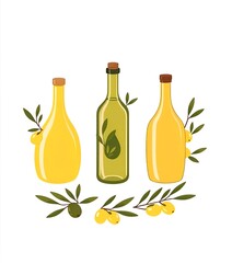 Stylized olive oil bottles with branches and olives