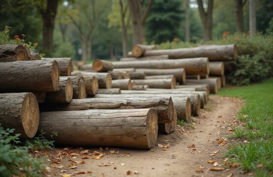 Wooden logs arranged as obstacle course in park, trail. Wooden trunks for balance training. Trail for walks, outdoor activities. Nature background, green grass, foliage, family fun, kids playground.