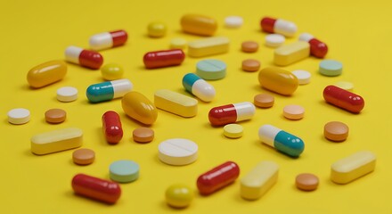 Vibrant Pills on Sunny Yellow: A Colorful Health Snapshot AI Generated