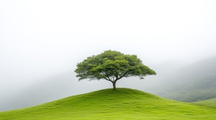 Fototapeta premium Solitary tree on a grassy hill, misty landscape