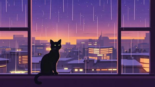 A black cat sits quietly by the window watching the city lights through the rain in a stylized animated style view.