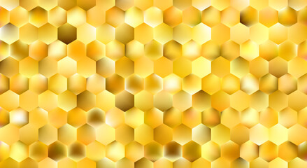 Golden abstract hexagon mosaic background. Glowing gold honeycomb