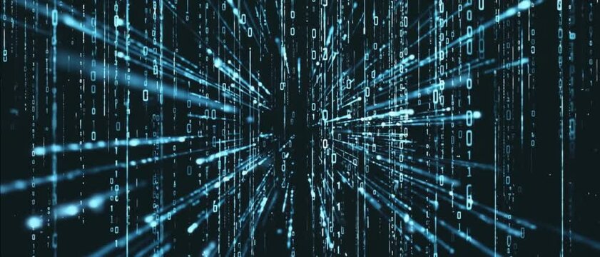 A tunnel of glowing binary code streams through cyberspace in a digital data environment. Concept of futuristic technology and artificial intelligence.
