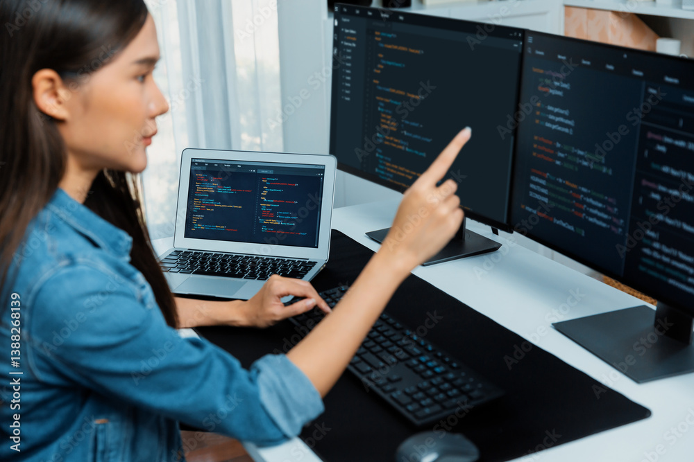 Poster young asian girl of it developer pointing online information on pc with coding program data applicat
