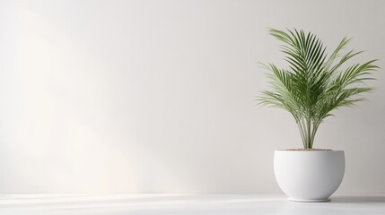 A potted palm plant sits on a white surface against a white wall. The plant is in a round white pot. The image is clean and simple, with soft lighting. It has a minimalist aesthetic. The color palet