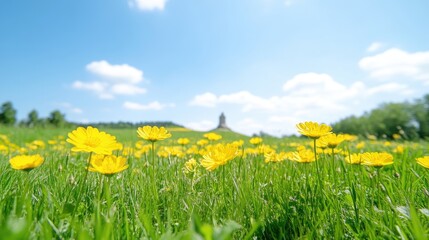 Obraz premium Bright yellow flowers bloom in a lush green field. A distant structure is visible on a hill. The image is high-resolution, well-lit by natural sunlight, and features a shallow depth of field. Its s