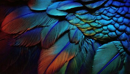 Fototapeta premium 幻想的な虹色の羽 – 黒背景に映えるアート素材, 孔雀のような光沢と色彩が魅力の羽根コレクション