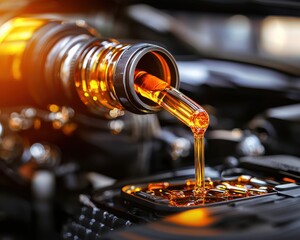 A close-up of oil being poured into a vehicle's engine, showcasing its rich amber color and sleek metallic components.