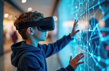 Young boy experiencing virtual reality with VR glasses. Kid interacts with digital interface with hands touching glowing dots in cyberspace. Child enjoys modern gadget tech at the exhibition.