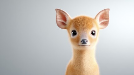 Fototapeta premium A digital rendering depicts a fawn. It has large ears and soft, light orange fur. The fawn is centered, against a simple, light gray background. The image is high-resolution, with realistic fur detai