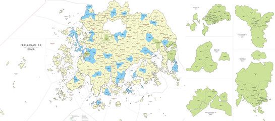 South Jeolla couJeollanam-do (South Jeolla) Province of South Korea Highly Detailed Vector Map. Each element in a separate layer: Inscriptions,  province, counties, districnties administrative basic 3