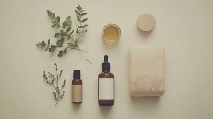 Minimalistic spa product flat lay featuring oils, balms, towels, and fresh greenery on a beige background