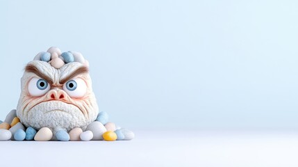 Angry Stone Face with Pebbles, Playful 3D Style, High-Quality Render, Close-up View, Textured Surface, Buried Expression, Light Blue Background, Cool Monochromatic Tones, Ideal for Meme Creation
