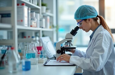 Female scientist studies microscopic sample in lab. Woman wears lab coat, safety glasses, hair cover. Research, experiment with medical equipment, chemical glassware. Science, technology, medicine,
