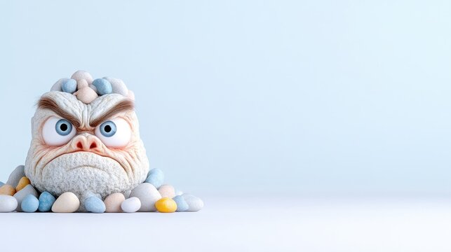 Angry Stone Face with Pebbles, Playful 3D Style, High-Quality Render, Close-up View, Textured Surface, Buried Expression, Light Blue Background, Cool Monochromatic Tones, Ideal for Meme Creation