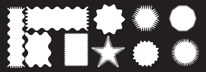 Zig zag edge rectangle shape, colorful collection. Different shapes and sizes frame with zigzag edge. Rectangular jagged curved box element. Geometric zig zag wavy labels, isolated on white background