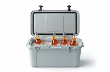 Open ice cooler with beer bottles. Summer picnic concept at beach, party. Icebox for cold drinks at outdoor camping event. Picnic cooler with ice cubes, chilled beverages isolated on white background.