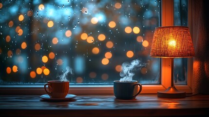 A cozy lofi room filled with warm fairy lights, a glowing lamp casting soft shadows, a steaming cup on a wooden desk, rain tapping gently on the window,