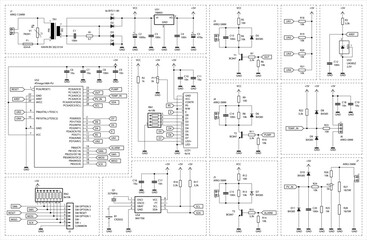 Schematic diagram of electronic device.
Vector technical drawing electrical circuit with 
microcontroller, resistor, capacitor,
integrated circuit, transformer, voltage converter, diode, transistor.