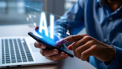 businessman holding digital tablet with artificial intelligence