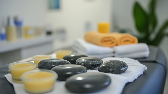 Multi-treatment station with hot stones, warm towels, and body scrubs prepared in triplicate